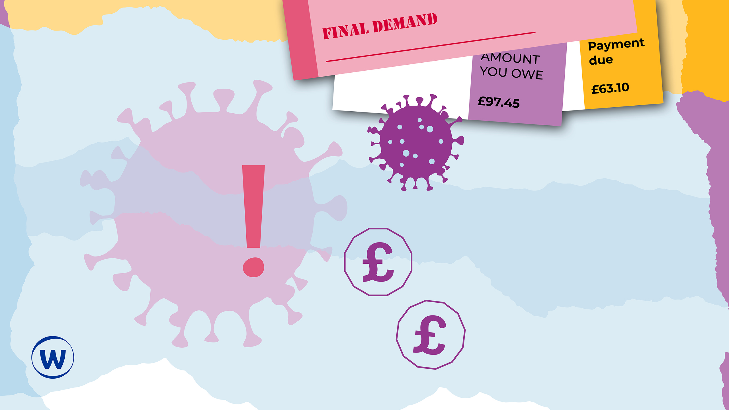 Graphics of late bills, pound signs and a virus 