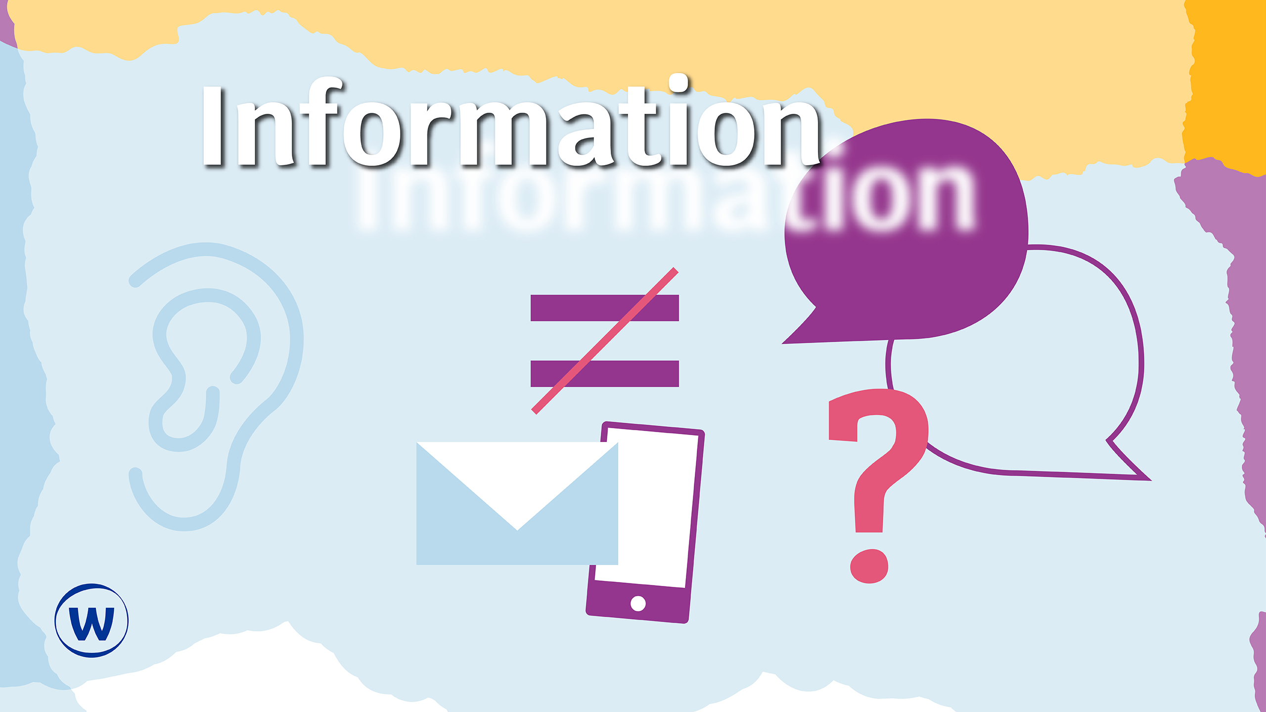 Graphics associated with information inequality, including an envelope, mobile phone, an ear, speech bubbles