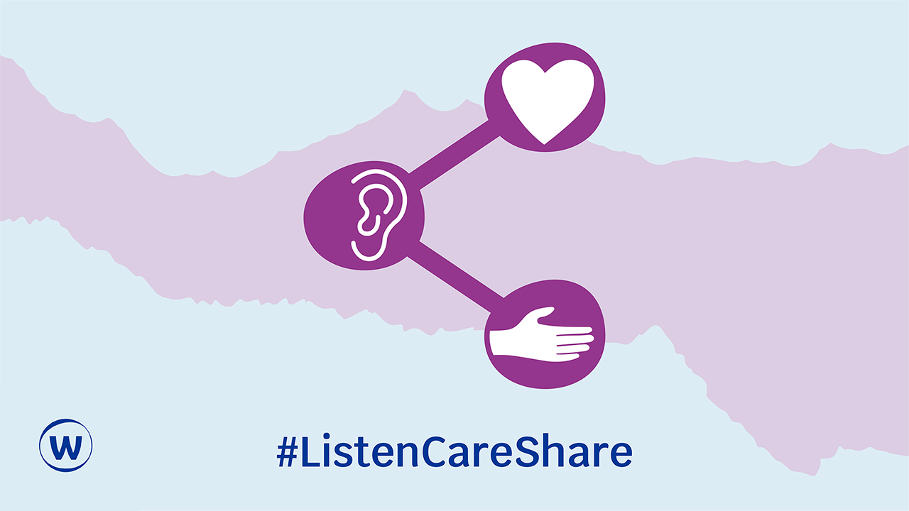 Listen Care Share logo (Heart, ear and hand) in a triangle, with a purple and light blue patterned background. text at the bottom reads #ListenCareShare