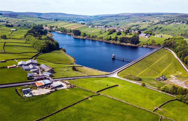 A photograph of a reservoir from above